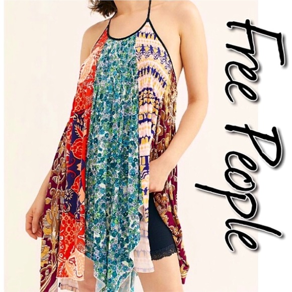 FREE PEOPLE Can’t Tie Me Down Tunic Patchwork Asymmetrical Dress Multicolored XS - Picture 2 of 11